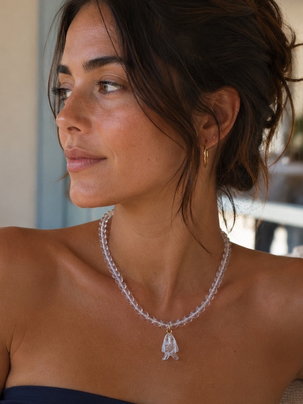 Clear Beaded Necklace with Fish Pendant